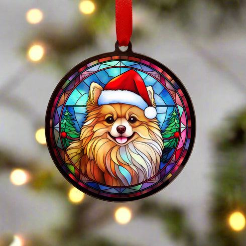 Pomeranian in Santa Hat Suncatcher Decoration